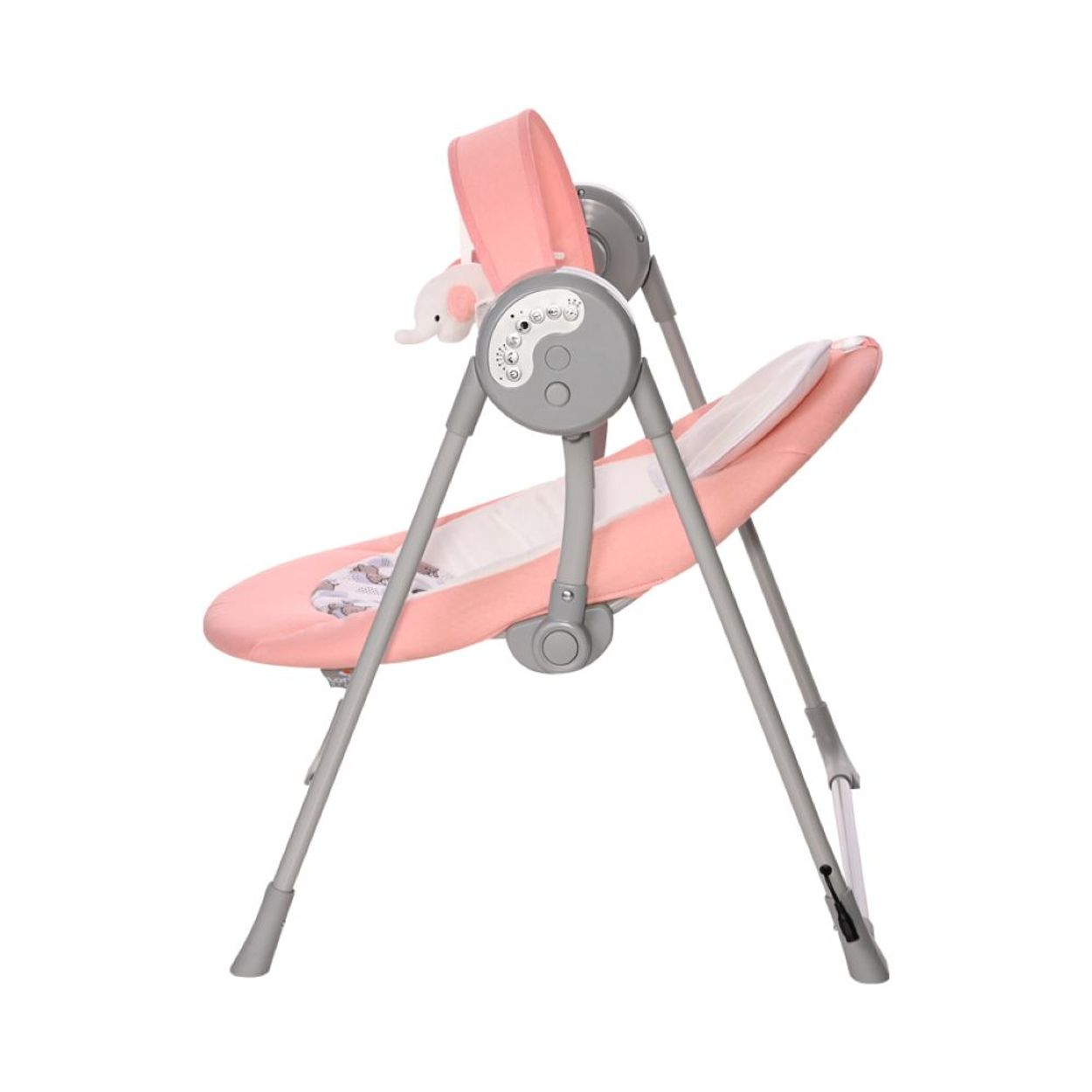 Eine Babyschaukel mit rosa Stoff und grauem Metallrahmen. Ein kleines Elefantenspielzeug hängt oben.