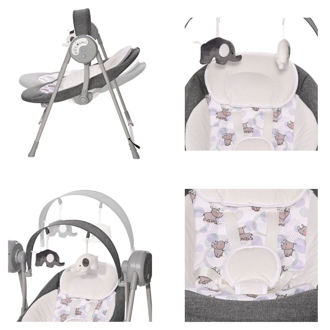 Babyschaukel mit grauem Gestell, weißem Sitz und gemustertem Stoff. Sie hat hängende Spielzeug-Elefanten und ein Bedienfeld.