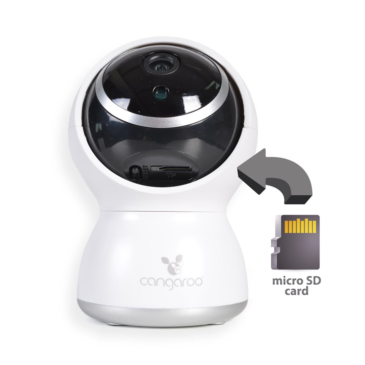 Eine weiße Cangaro-Überwachungskamera mit schwarzem Objektiv. Ein grauer Pfeil zeigt auf eine Micro-SD-Karte auf weißem Hintergrund.