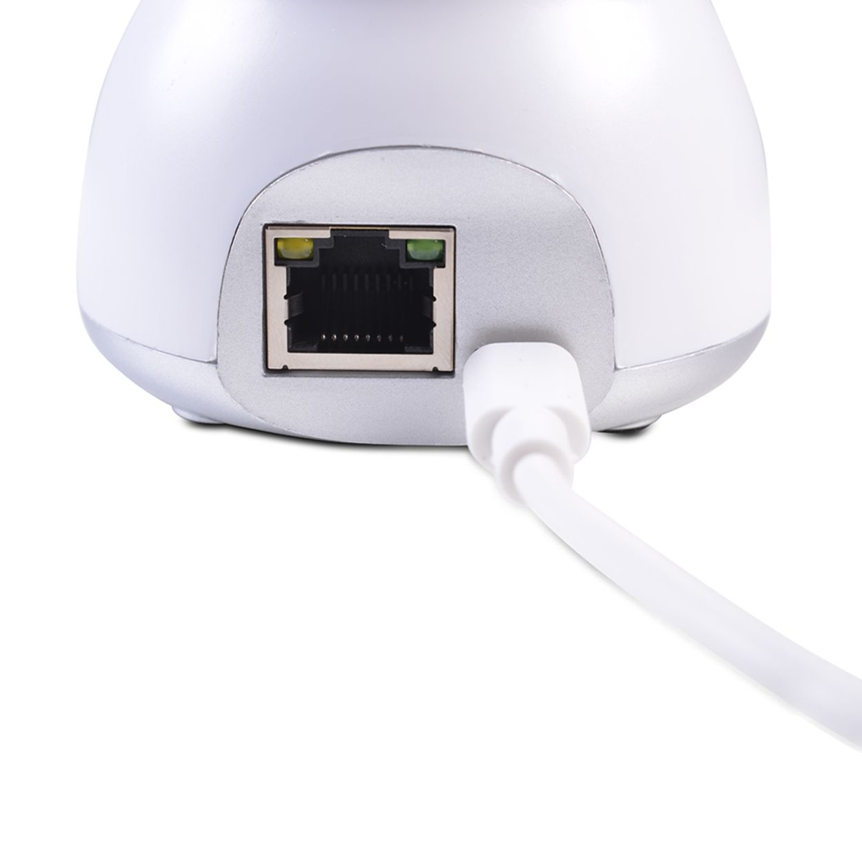 Nahaufnahme eines weißen Geräts mit Netzwerkanschluss und einem weißen Kabel. Der Hintergrund ist weiß.