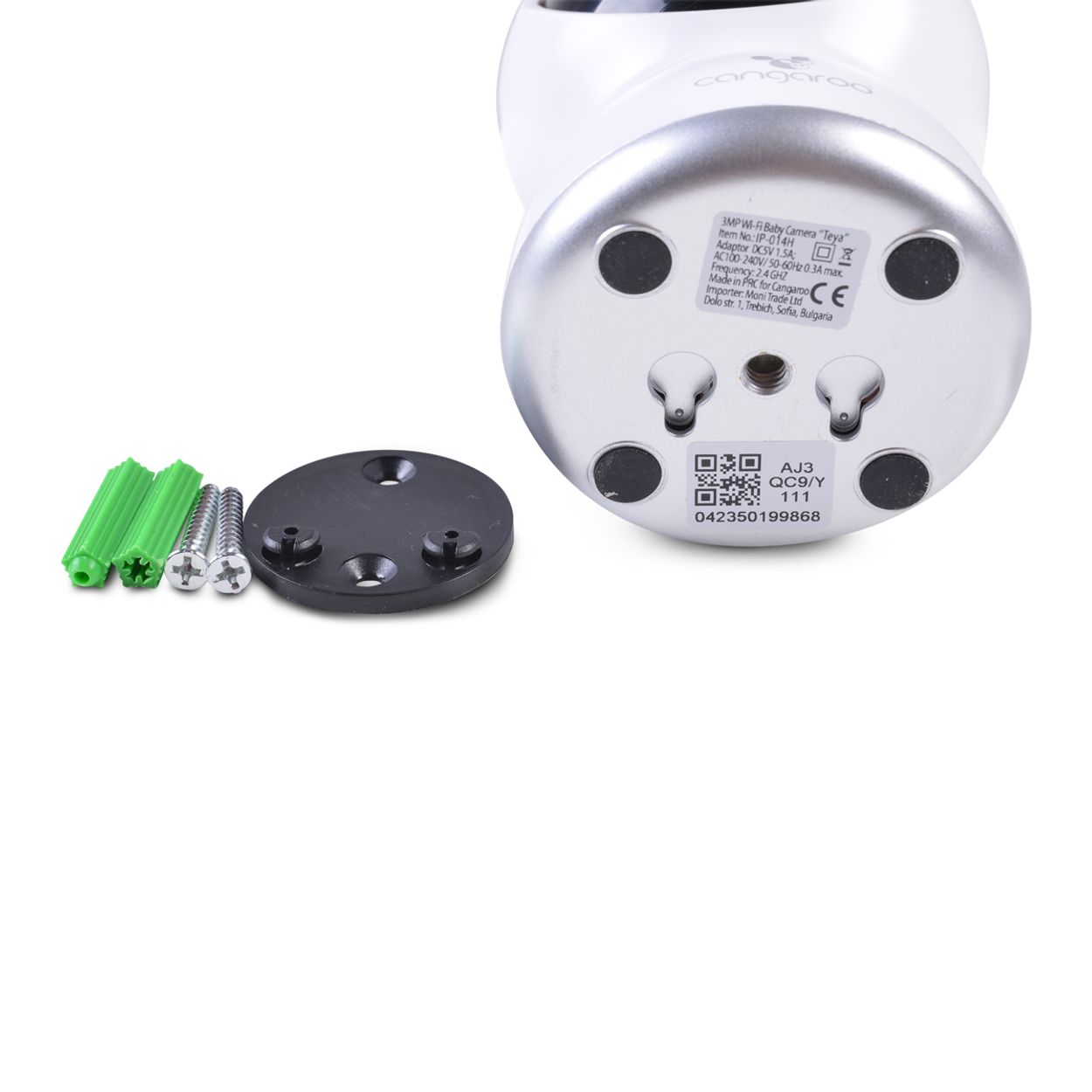 Ein weißer Babyphone mit silberner Basis, Montageplatte, Schrauben und grünen Wanddübeln auf weißem Untergrund.