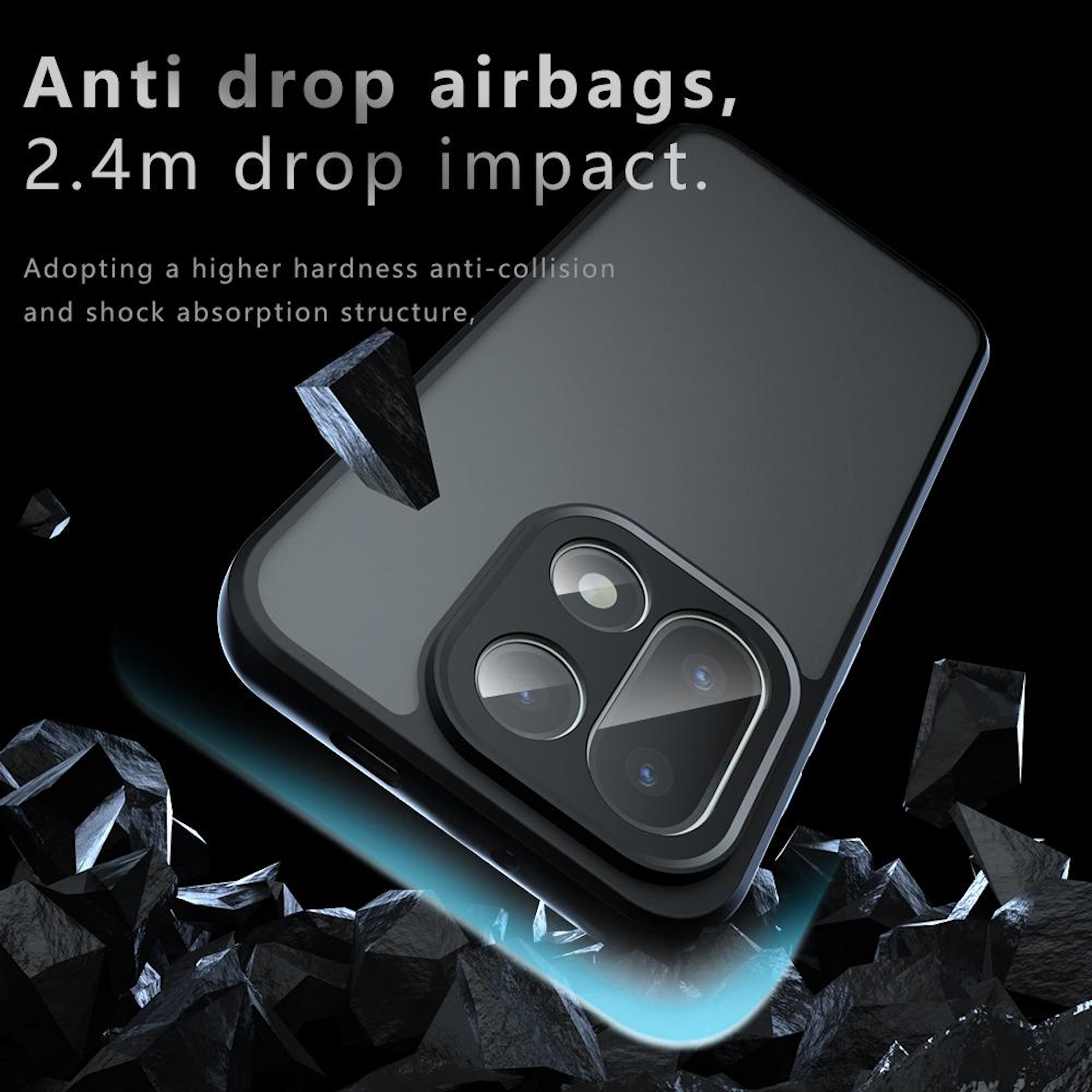 Eine Handyhülle mit dem Text 'Anti-Drop-Airbags'. Schwarze Hülle und dunkler Hintergrund mit felsartigen Formen.