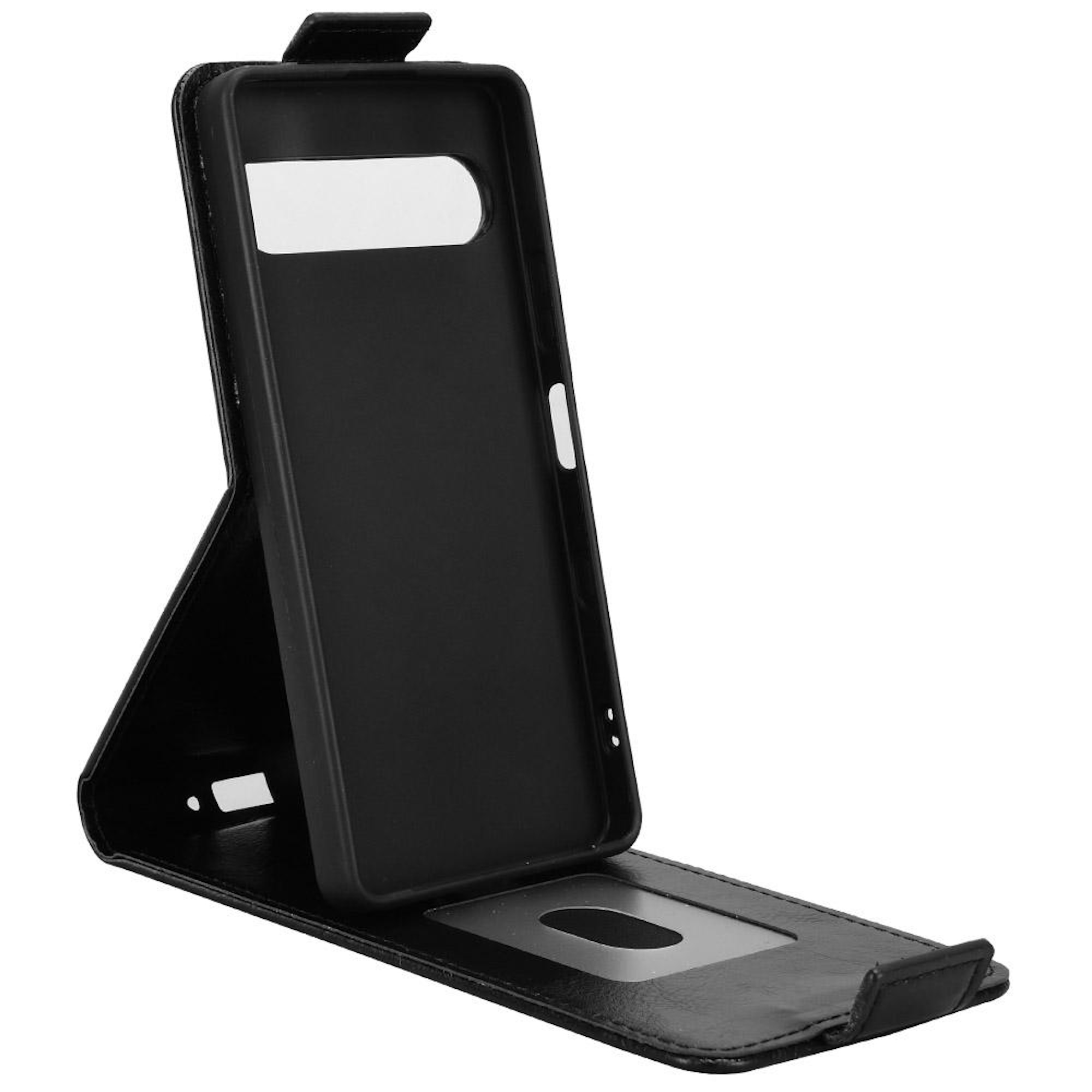 Funda de teléfono negra abierta, mostrando el interior. La tapa está abierta para revelar el soporte del teléfono y una ranura para tarjetas.