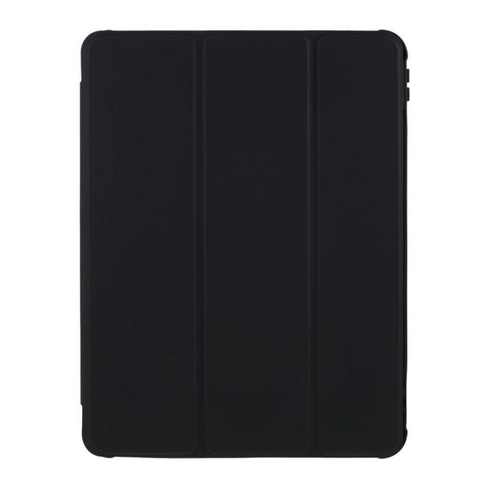 Eine geschlossene schwarze Tablethülle mit einem dreifach gefalteten Deckel. Die Hülle ist rechteckig und hat eine glatte, matte Oberfläche.