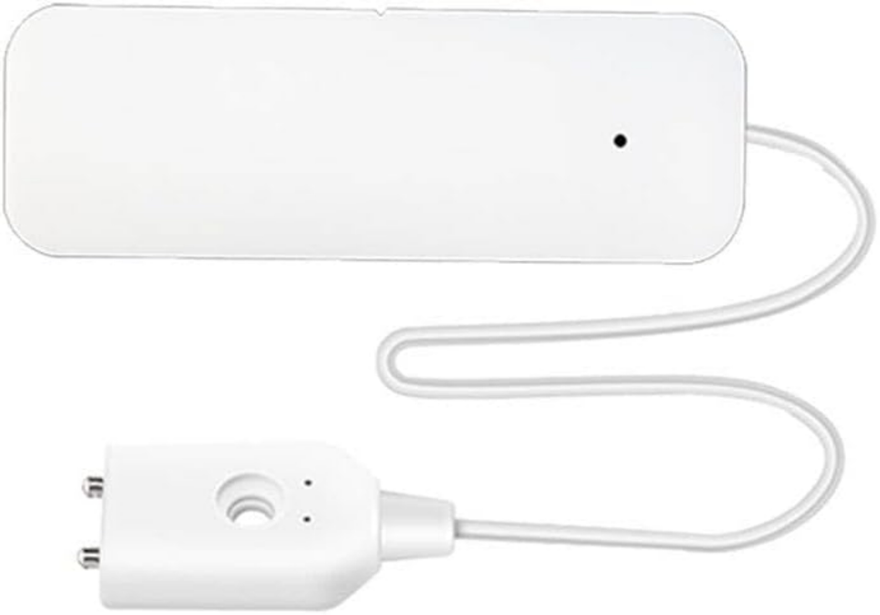 Ein weißes Gerät mit rechteckigem Gehäuse und einem kleineren Stecker, verbunden durch ein weißes Kabel.