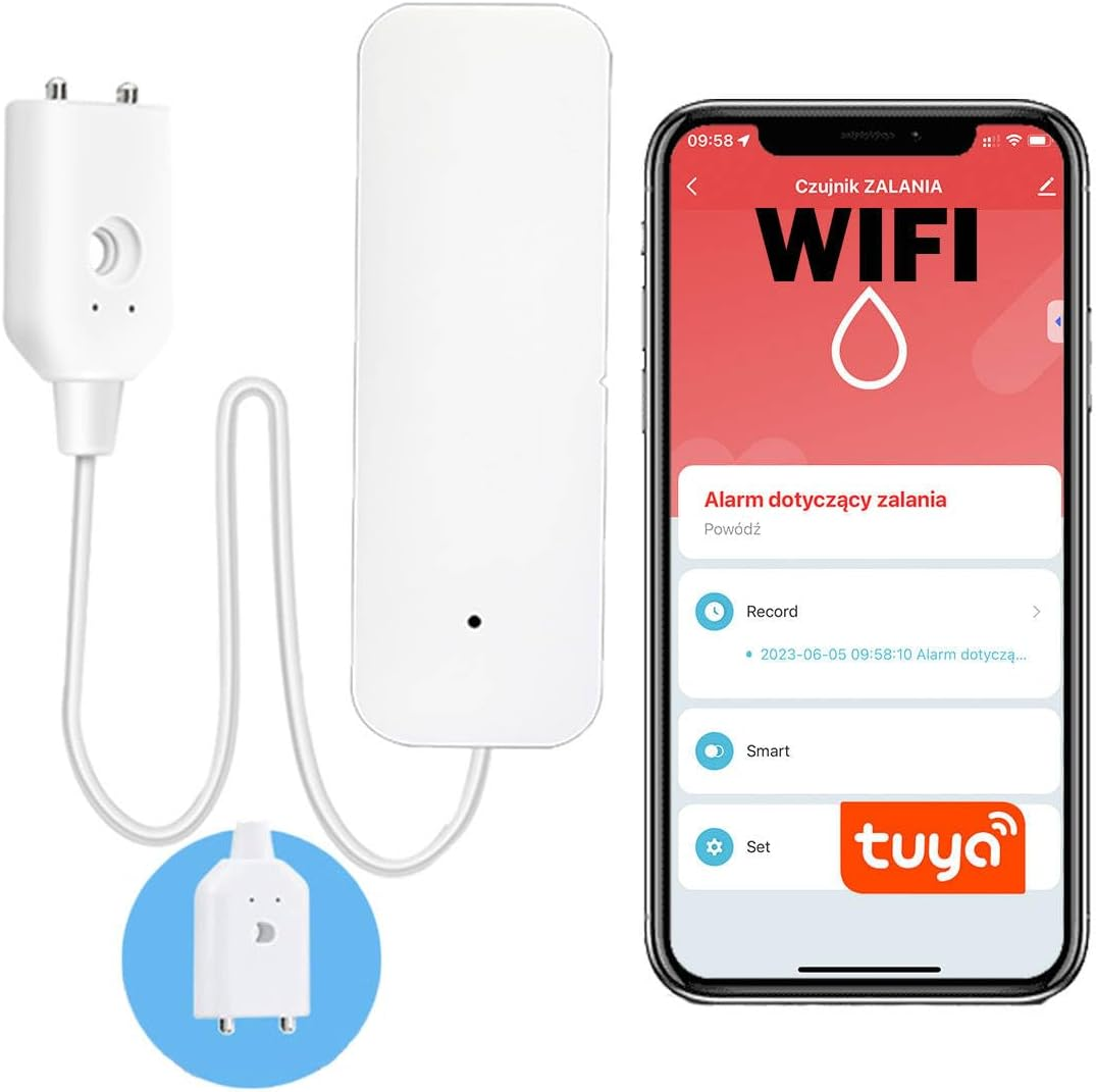Weißer WLAN-Wassersensor mit Telefon, das einen Hochwasseralarm anzeigt. Sensorteile, Stecker und Bildschirm mit rotem Hintergrund und Wassertropfen.