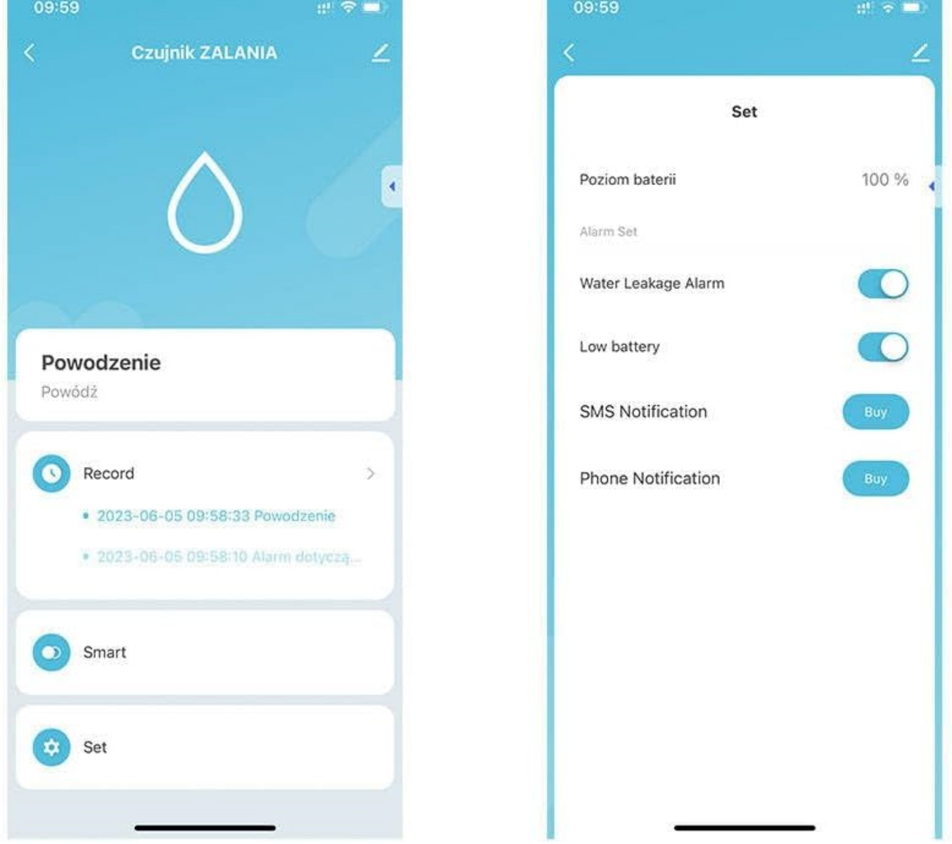 Screenshots einer mobilen App. Der linke Bildschirm zeigt ein Wassertropfensymbol und Menüoptionen. Die rechte zeigt Einstellungen wie Alarm und Benachrichtigungen.