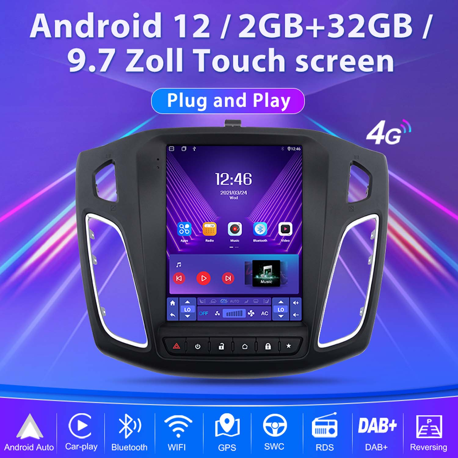 Autoradio mit Touchscreen, zeigt Zeit und App-Symbole. Funktionen umfassen Android Auto, Bluetooth, WIFI, GPS und DAB+.