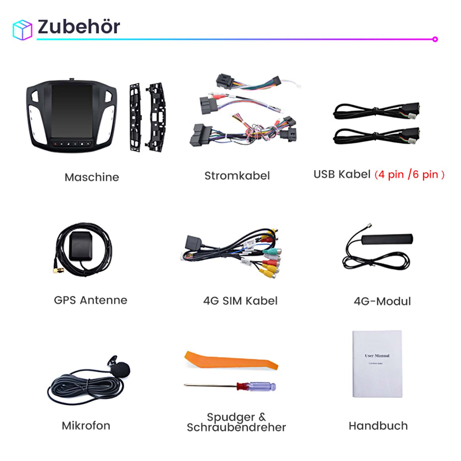 Das Bild zeigt Zubehör für Auto-Audio. Dazu gehören eine Maschine, Kabel, Antennen, ein Mikrofon, Werkzeuge und ein Benutzerhandbuch.