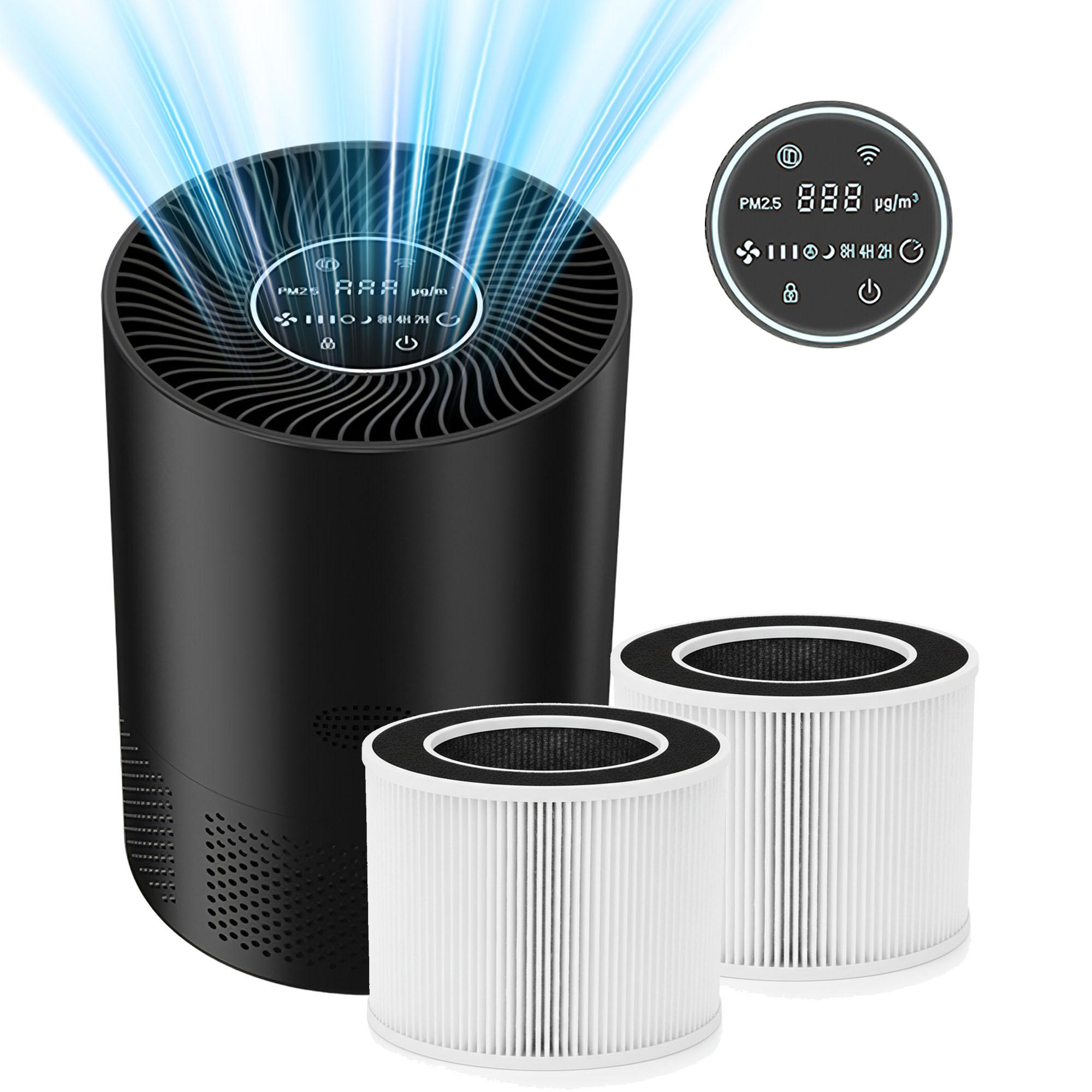 Schwarzer Luftreiniger mit zwei Filtern. Blaue Lichtstrahlen gehen vom oberen Teil aus. Das Display zeigt PM2,5 und 888 µg/m³.