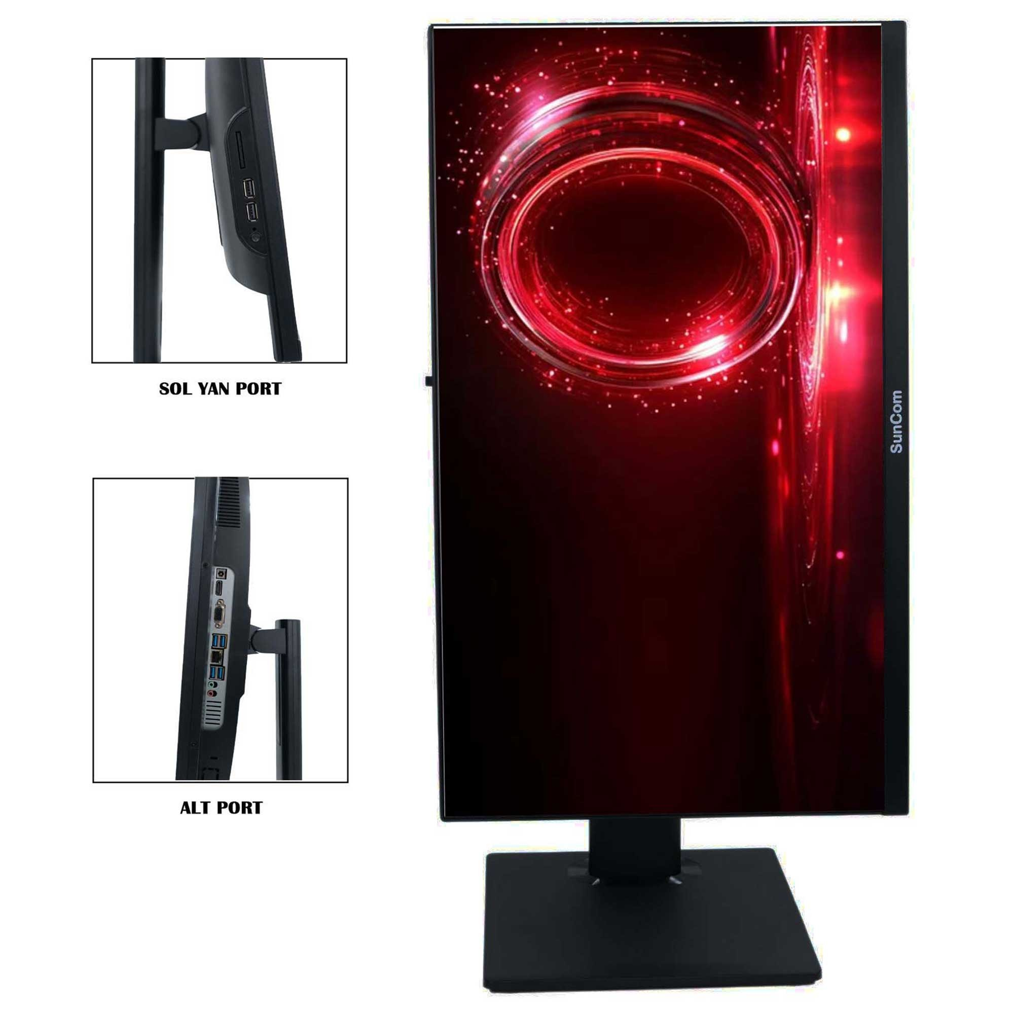 Kırmızı ve siyah ekranlı bir bilgisayar monitörü. Yan tarafında bağlantı noktaları bulunuyor. Monitör siyah bir stand üzerinde duruyor.