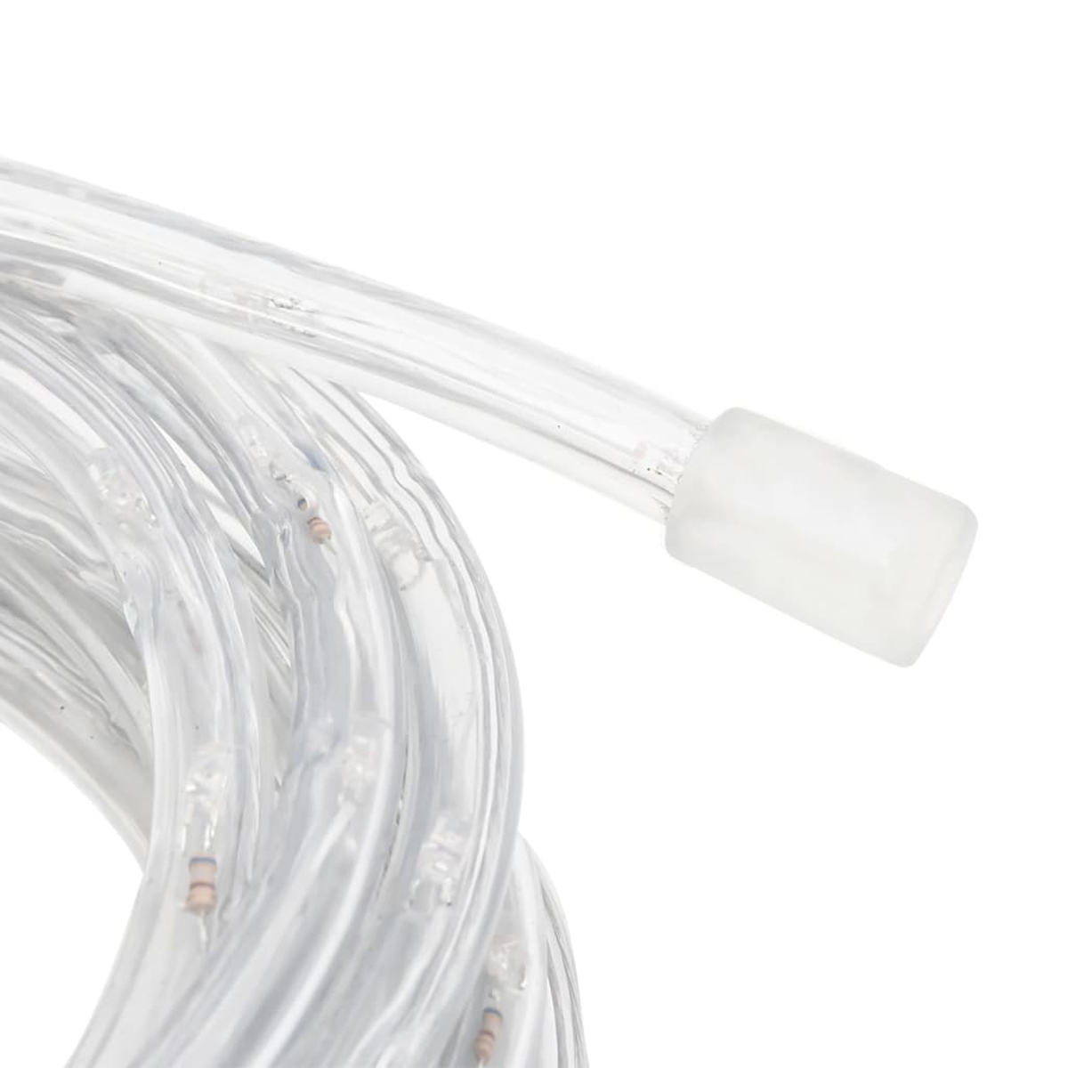 Nahaufnahme einer aufgerollten, durchsichtigen Plastikröhre mit kleinen Lichtern. Am Ende befindet sich eine weiße Kappe, alles vor weißem Hintergrund.
