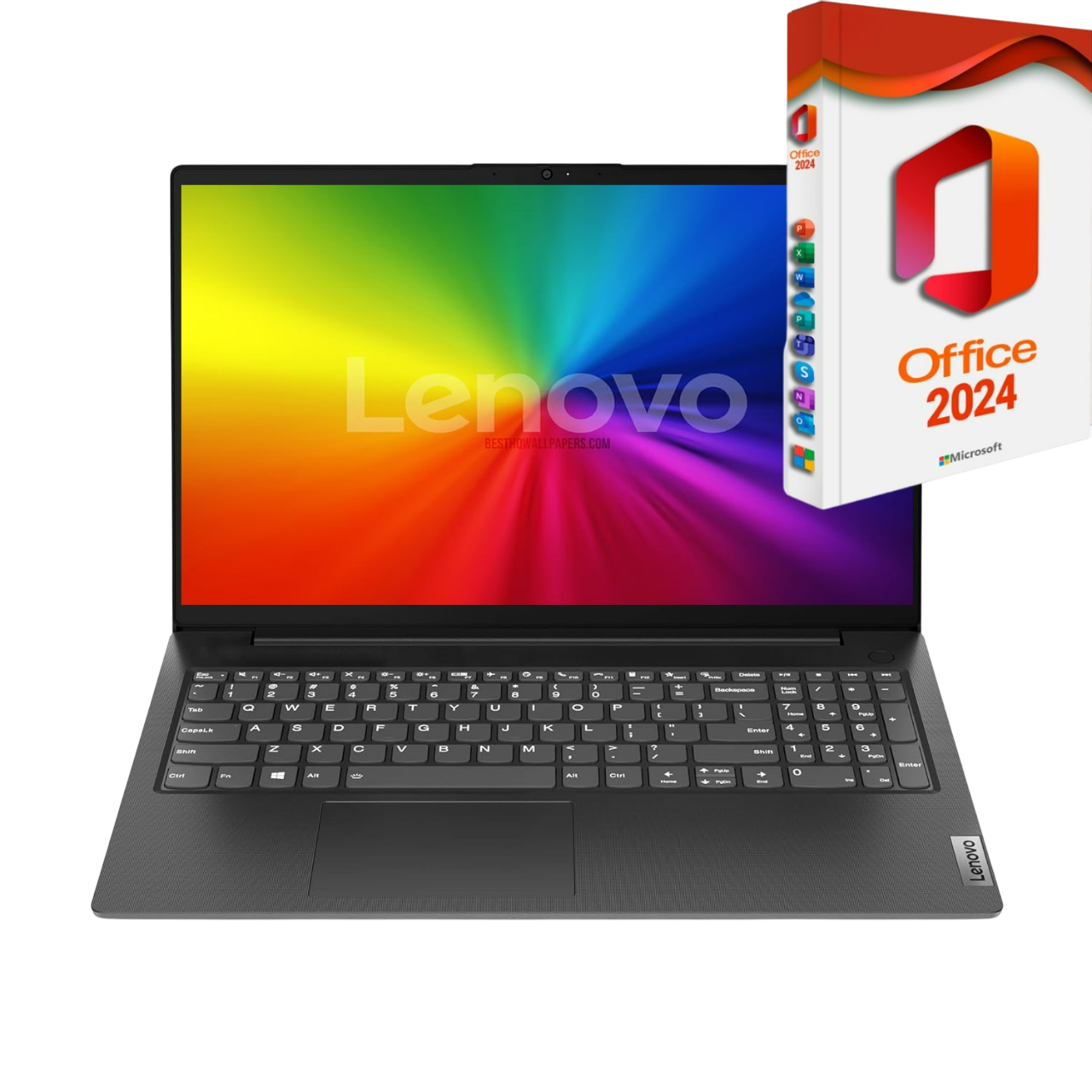 Ein Lenovo-Laptop mit Regenbogenbildschirm und Office 2024-Box. Tastatur sichtbar. Lenovo-Logo auf Bildschirm und Laptop.