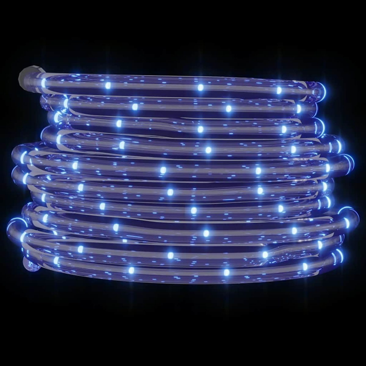 Ein aufgerolltes blaues LED-Lichtband leuchtet vor einem schwarzen Hintergrund. Die Lichter sind gleichmäßig verteilt und hell.