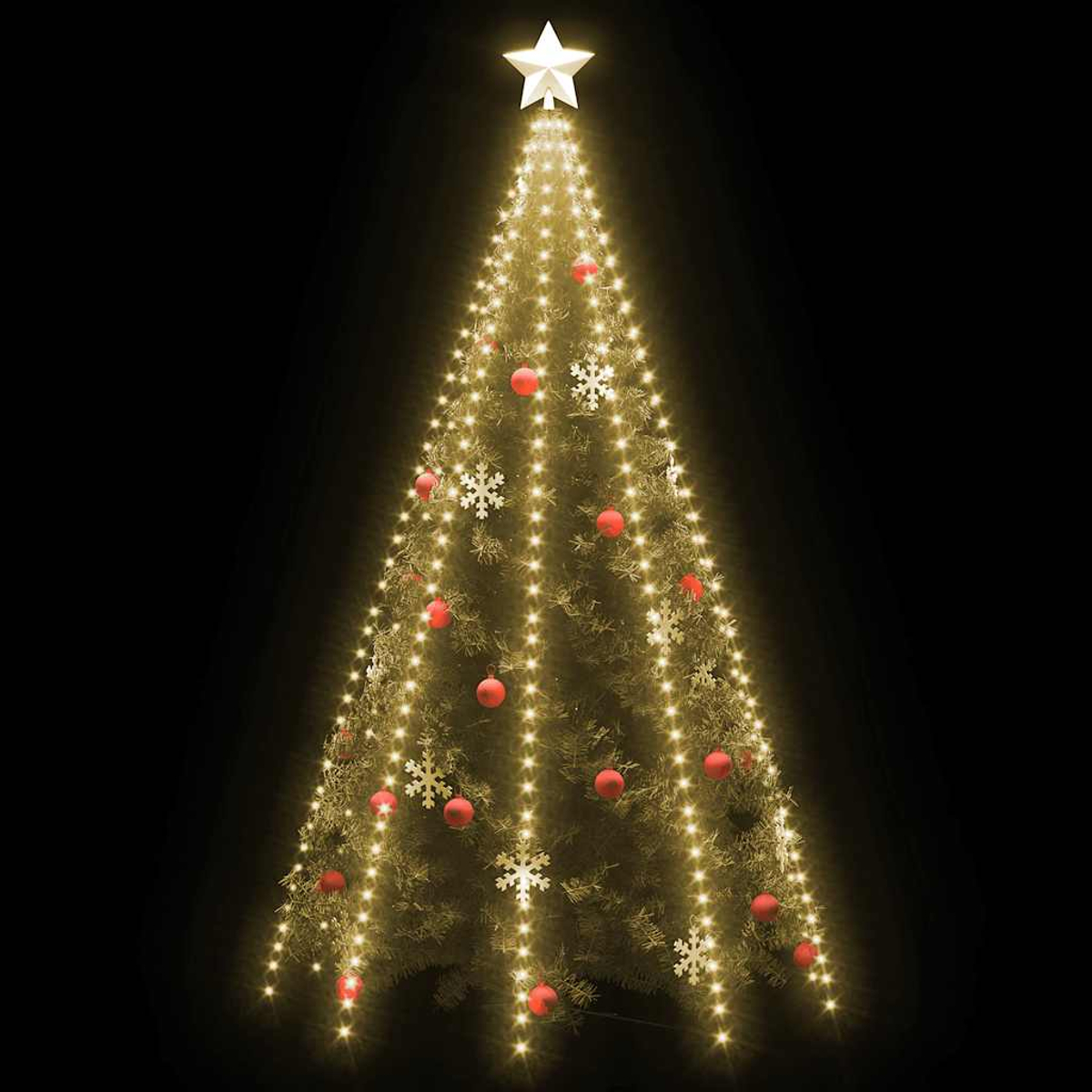 Ein Weihnachtsbaum aus Lichtern, mit einem Stern oben, roten Ornamenten und Schneeflocken auf schwarzem Hintergrund.