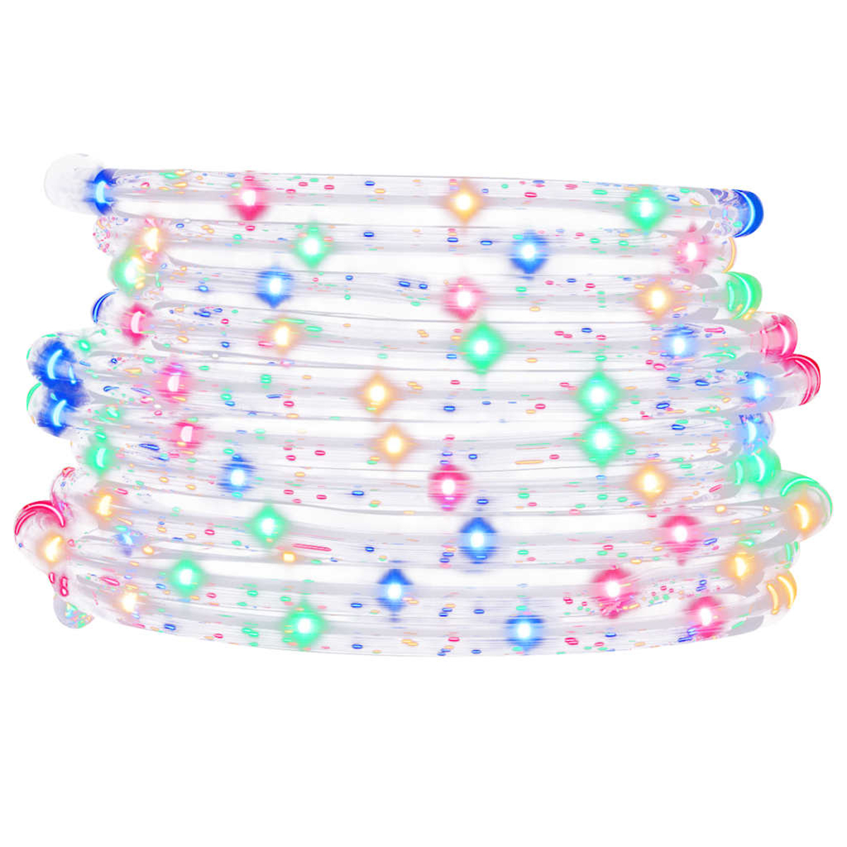 Eine aufgerollte Schnur aus durchsichtigem Schlauch mit bunten Lichtern. Die Lichter sind verschiedenfarbig, darunter Pink, Grün und Blau.