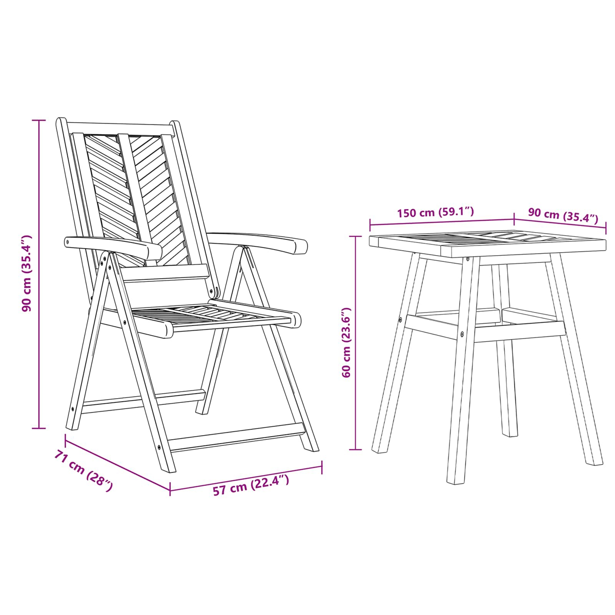 Un disegno a tratto mostra una sedia di legno e un tavolino con dimensioni etichettate in cm e pollici.