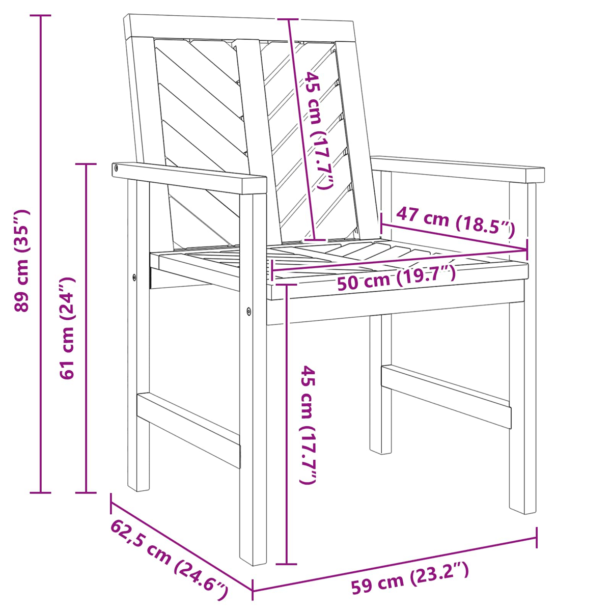 Holzstuhl mit Maßangaben. Rücken 45 cm, Sitz 50x47 cm, Höhe 89 cm, Beine 59 cm breit und 62,5 cm tief.