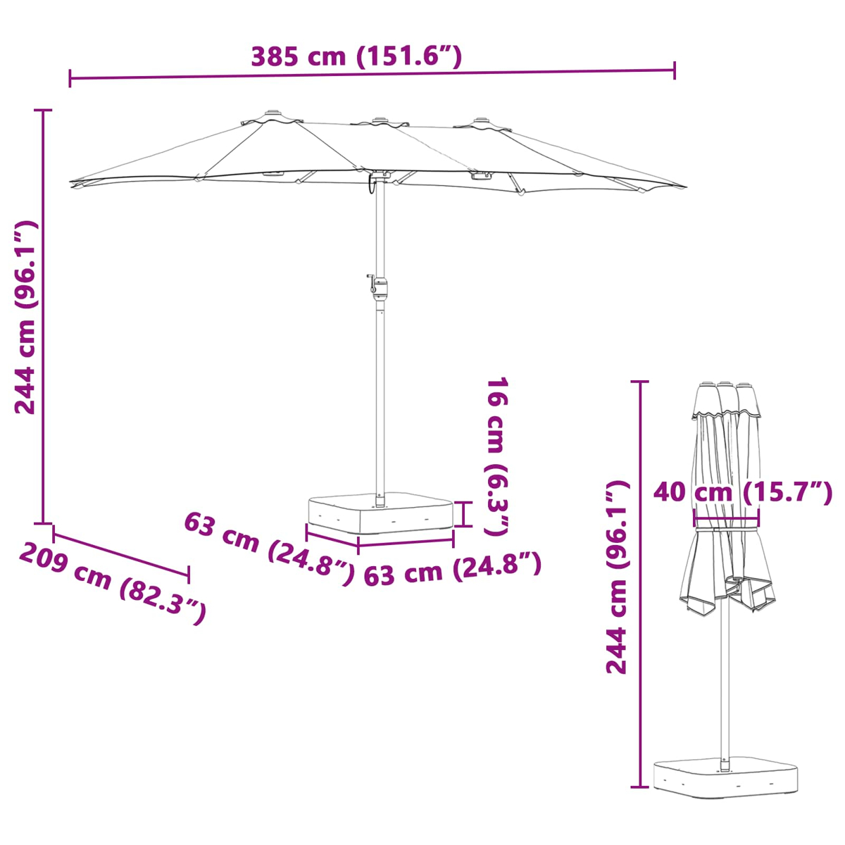 Diagramma di un ombrellone con dimensioni in cm e pollici. Mostra misure di altezza, larghezza e base.