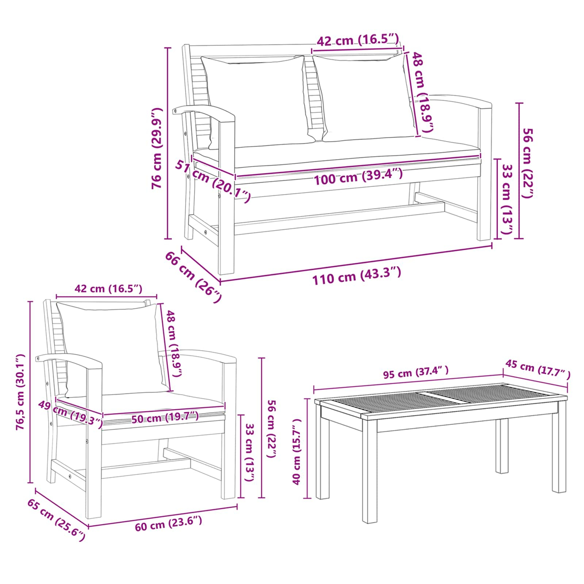 Diagramm eines Outdoor-Möbelsets, einschließlich einer Doppelcouch, eines Sessels und eines Couchtisches mit Maßen.