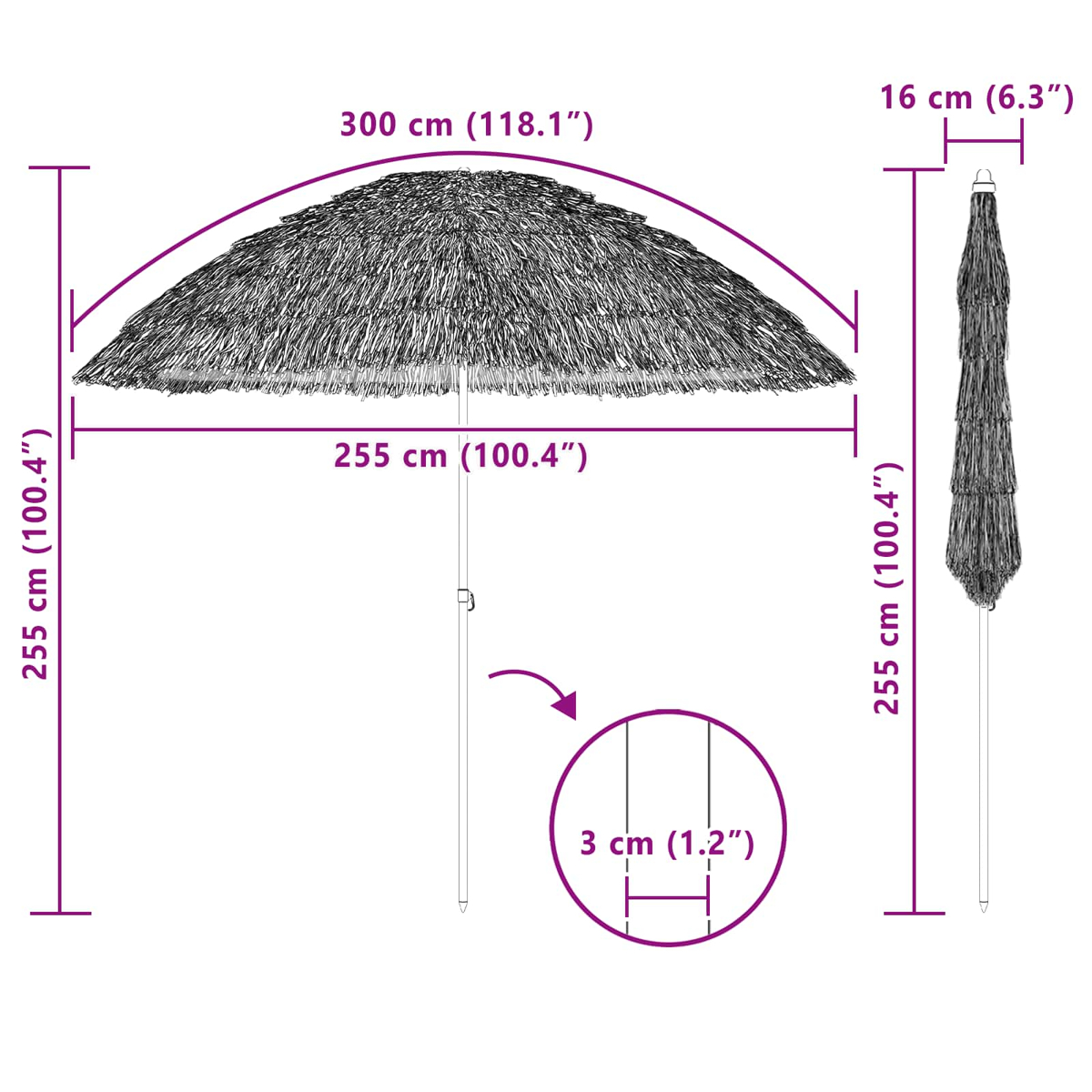 Un ombrello di paglia con dimensioni etichettate. L'ombrello è aperto, con misure di 300cm x 255cm. Il palo è alto 255cm e largo 3cm.