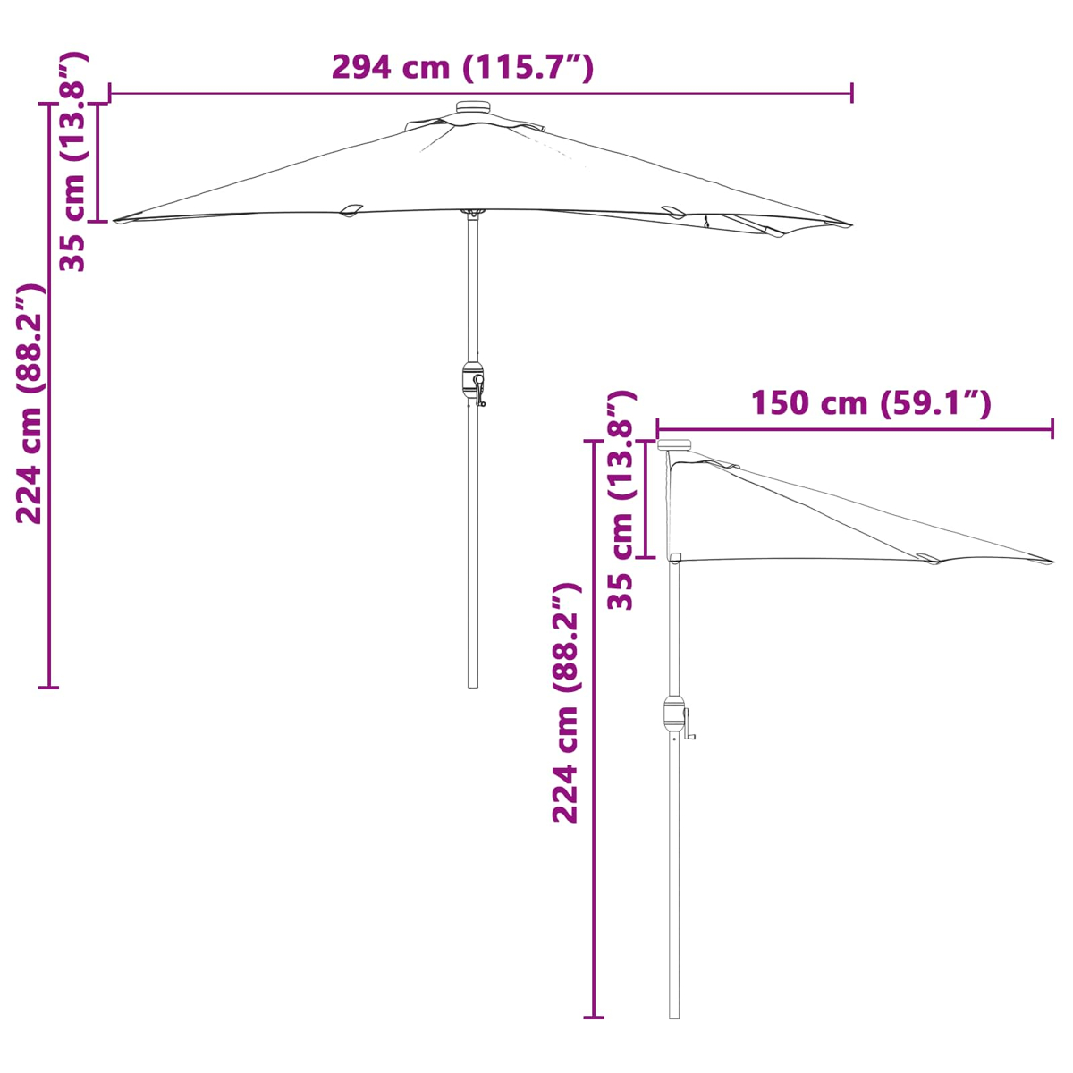 Diagramma con due ombrelloni con dimensioni in cm e pollici. Uno aperto, uno chiuso. Sono indicate lunghezze e altezze.