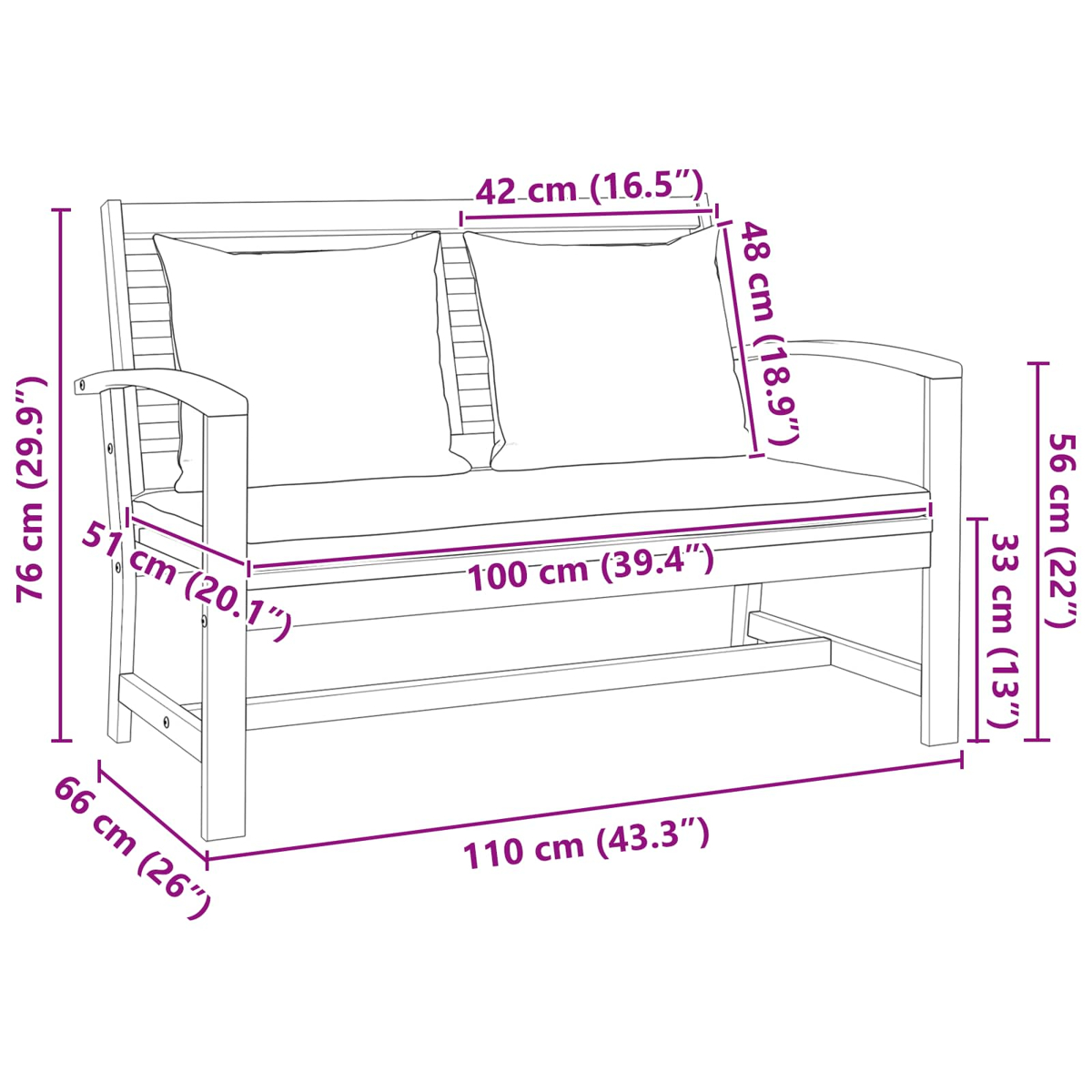 Una panca in legno con dimensioni etichettate. Ha cuscini e braccioli. Le misure in cm e pollici sono indicate.