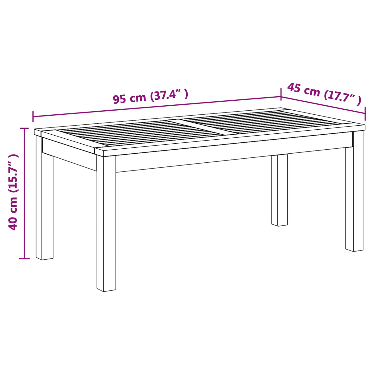 Un tavolo in legno bianco con dimensioni. Lunghezza 95 cm, larghezza 45 cm, altezza 40 cm. Il tavolo ha doghe.