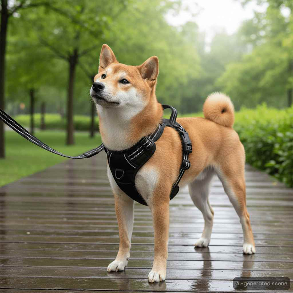 Un cane Shiba Inu è in piedi su un sentiero di legno, con imbracatura e guinzaglio. Alberi verdi formano lo sfondo, con un effetto sfocato.