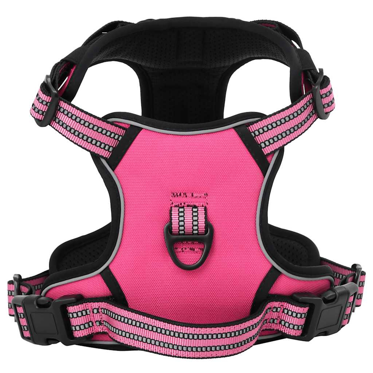 Un'imbracatura rosa per cani con finiture nere e strisce riflettenti. Ha cinghie regolabili e un anello a D.