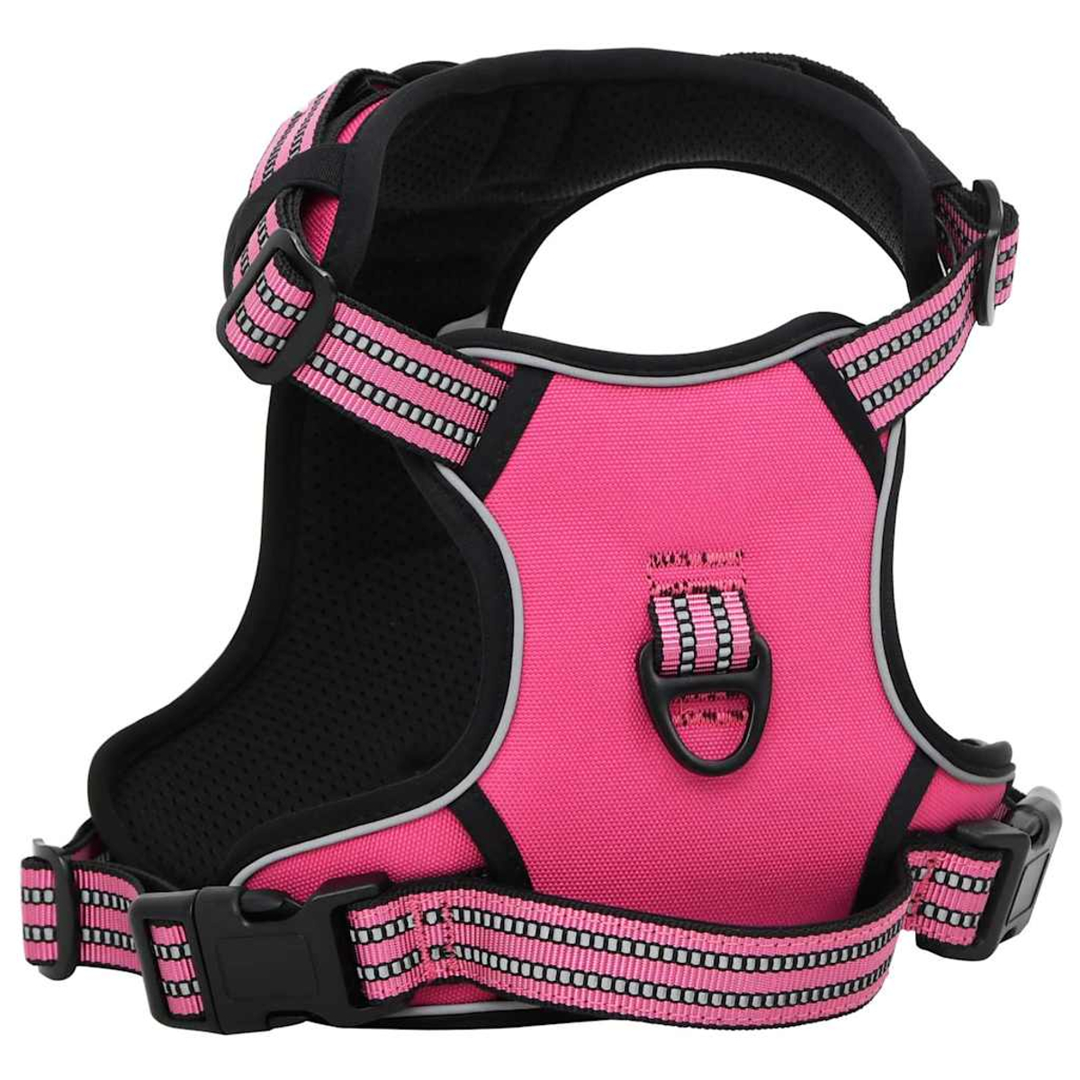 Un'imbracatura rosa per cani con finiture nere e strisce riflettenti. Ha cinghie regolabili e un anello a D.