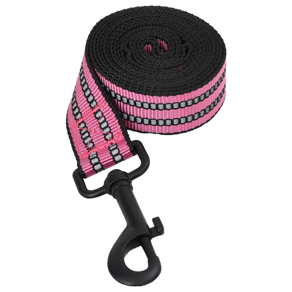 Un guinzaglio per cani nero e rosa arrotolato con un moschettone in metallo nero. Il guinzaglio è rosa con strisce riflettenti e bordi neri.