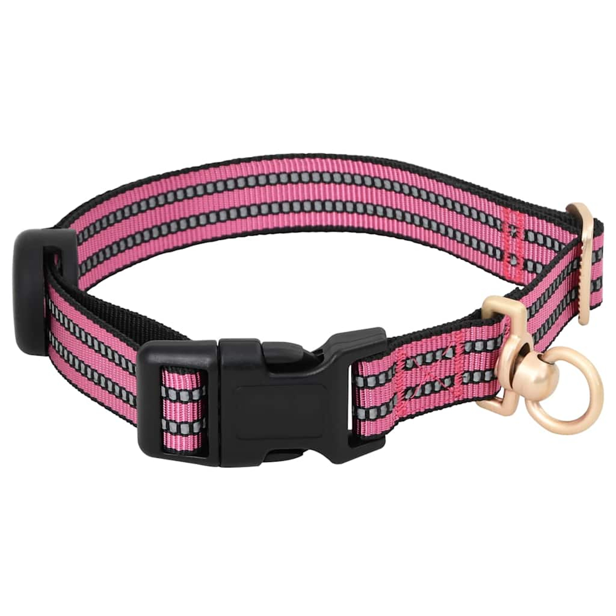 Un collare per cani rosa e nero. Ha un fermaglio nero, un anello dorato e strisce riflettenti.