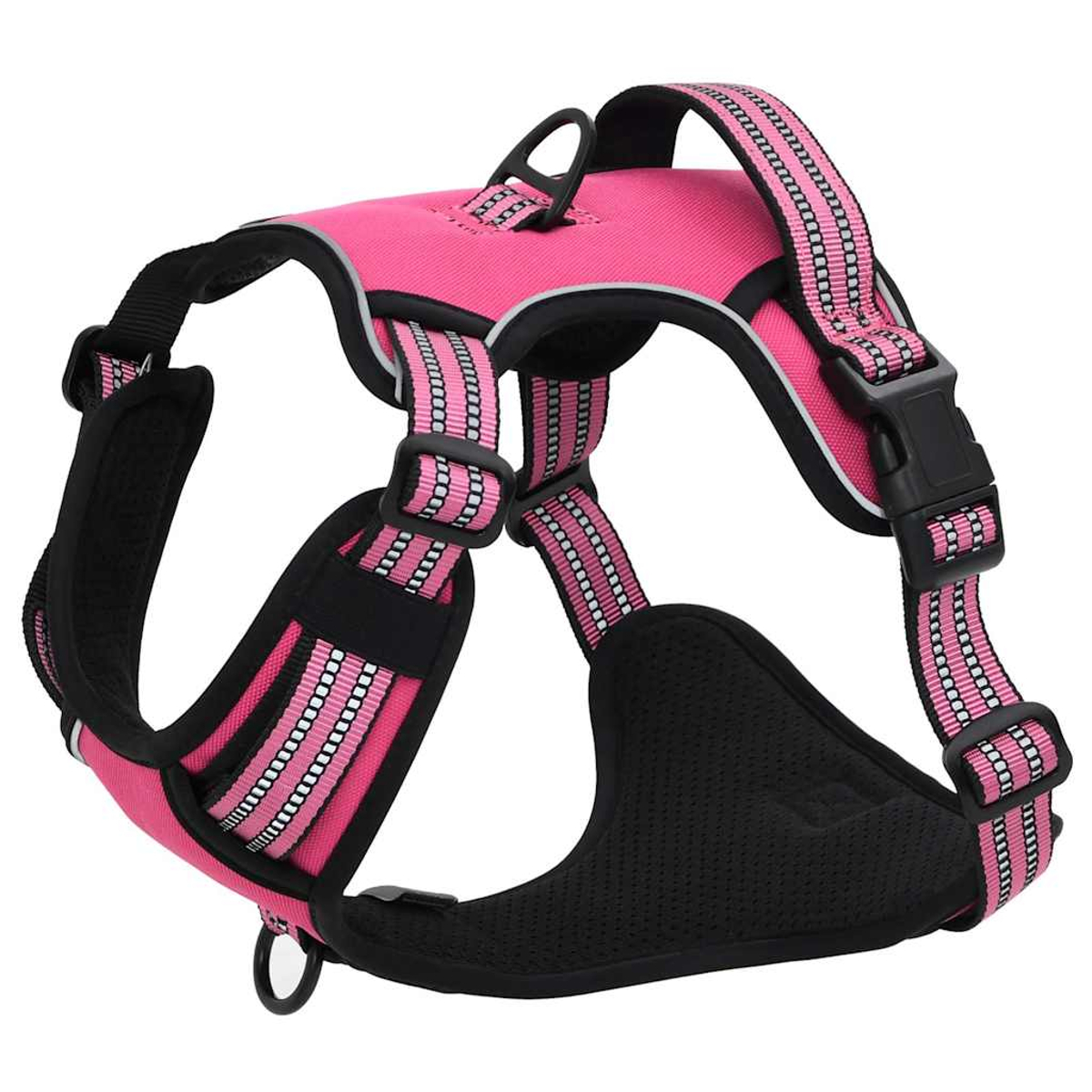 Un'imbracatura rosa e nera per cani. Ha strisce riflettenti, cinghie regolabili e una fibbia nera. L'imbracatura ha una maniglia in alto.
