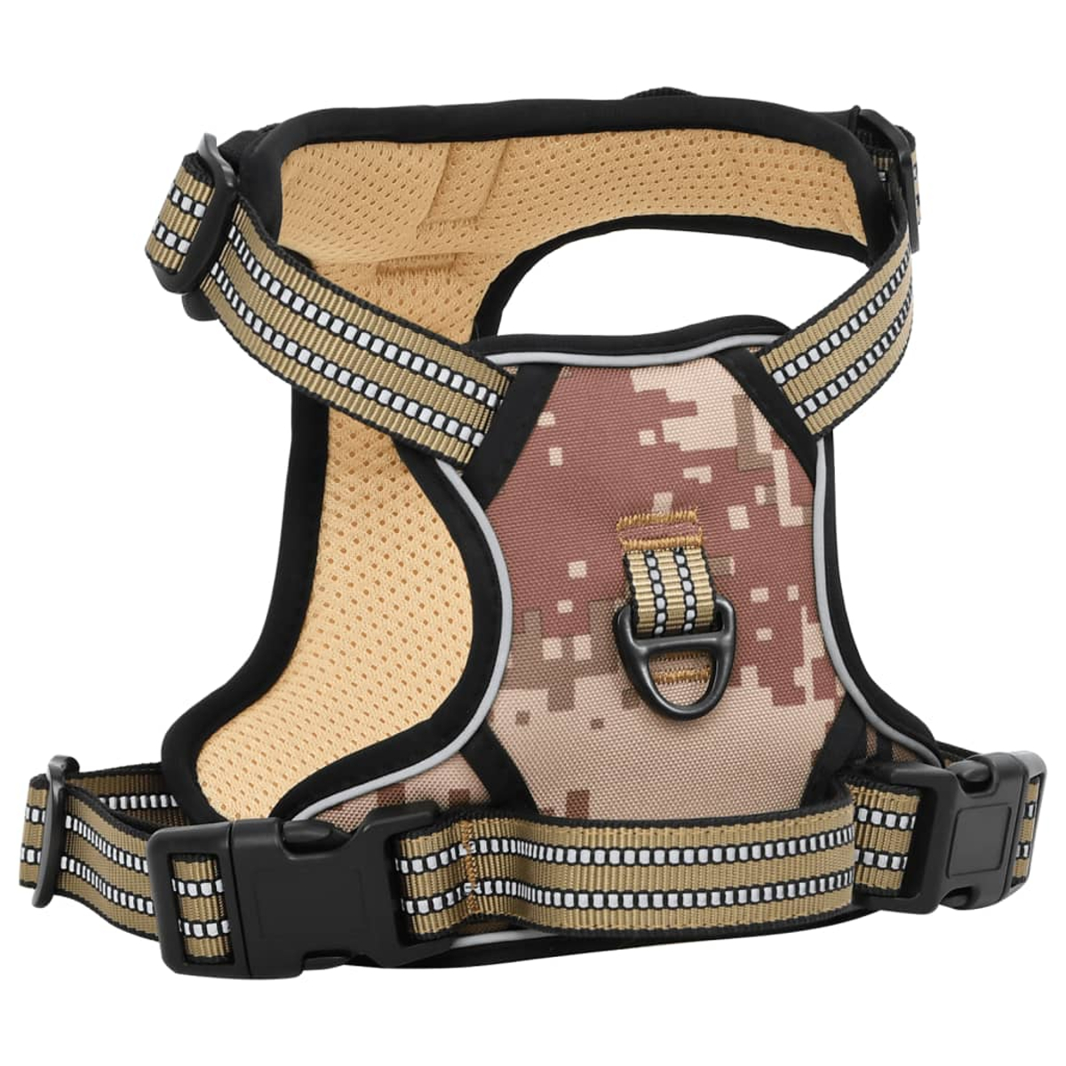Imbracatura per cani con motivo mimetico, rete beige, fibbie nere e cinghie con strisce riflettenti su sfondo bianco.