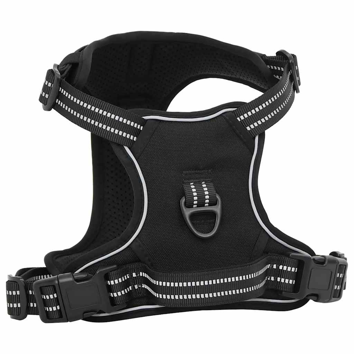 Ein schwarzes Hundegeschirr mit weißen reflektierenden Streifen und einem Metall-D-Ring. Es hat verstellbare Gurte und Kunststoffschnallen.