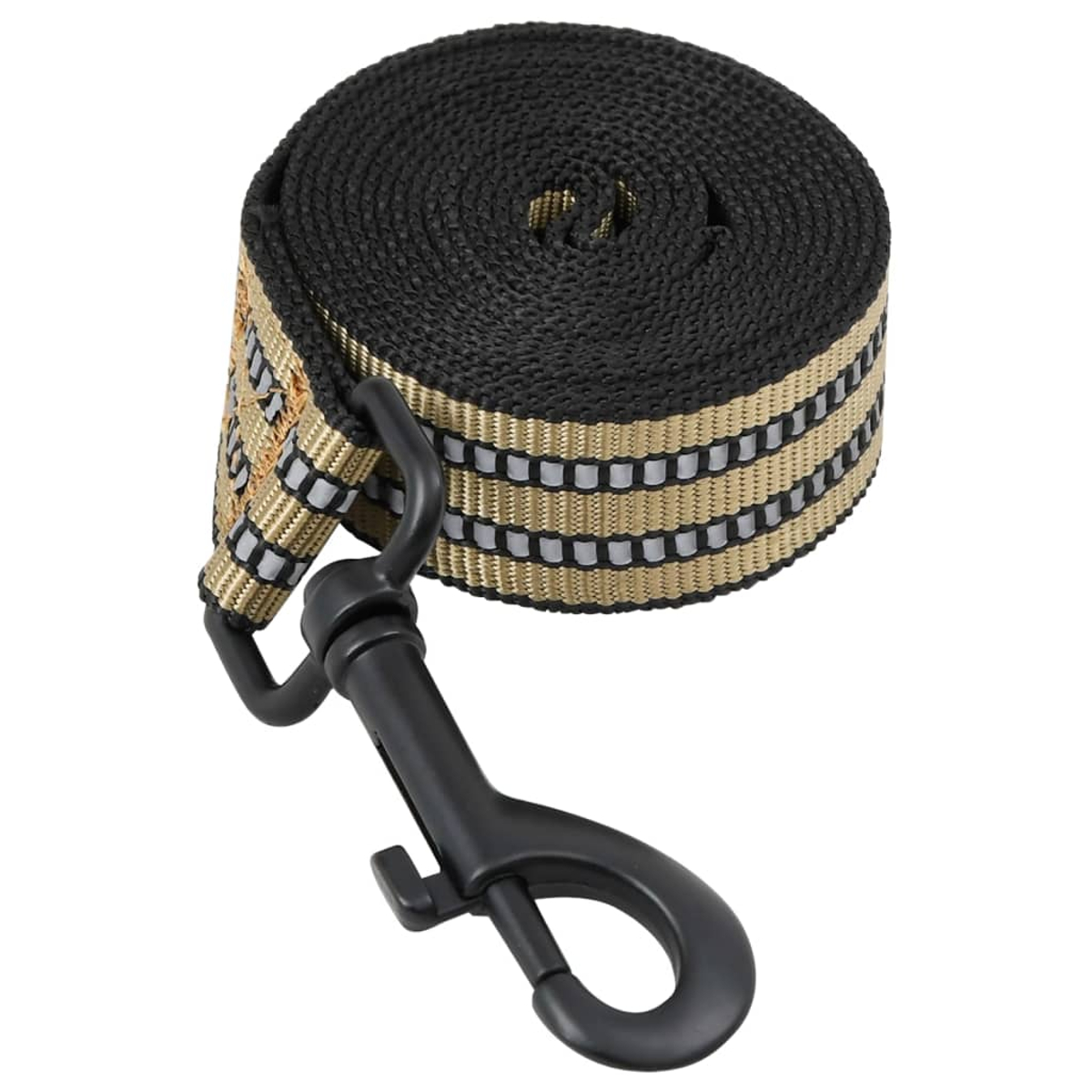 Un guinzaglio arrotolato nero e beige con un gancio in metallo nero, su sfondo bianco.
