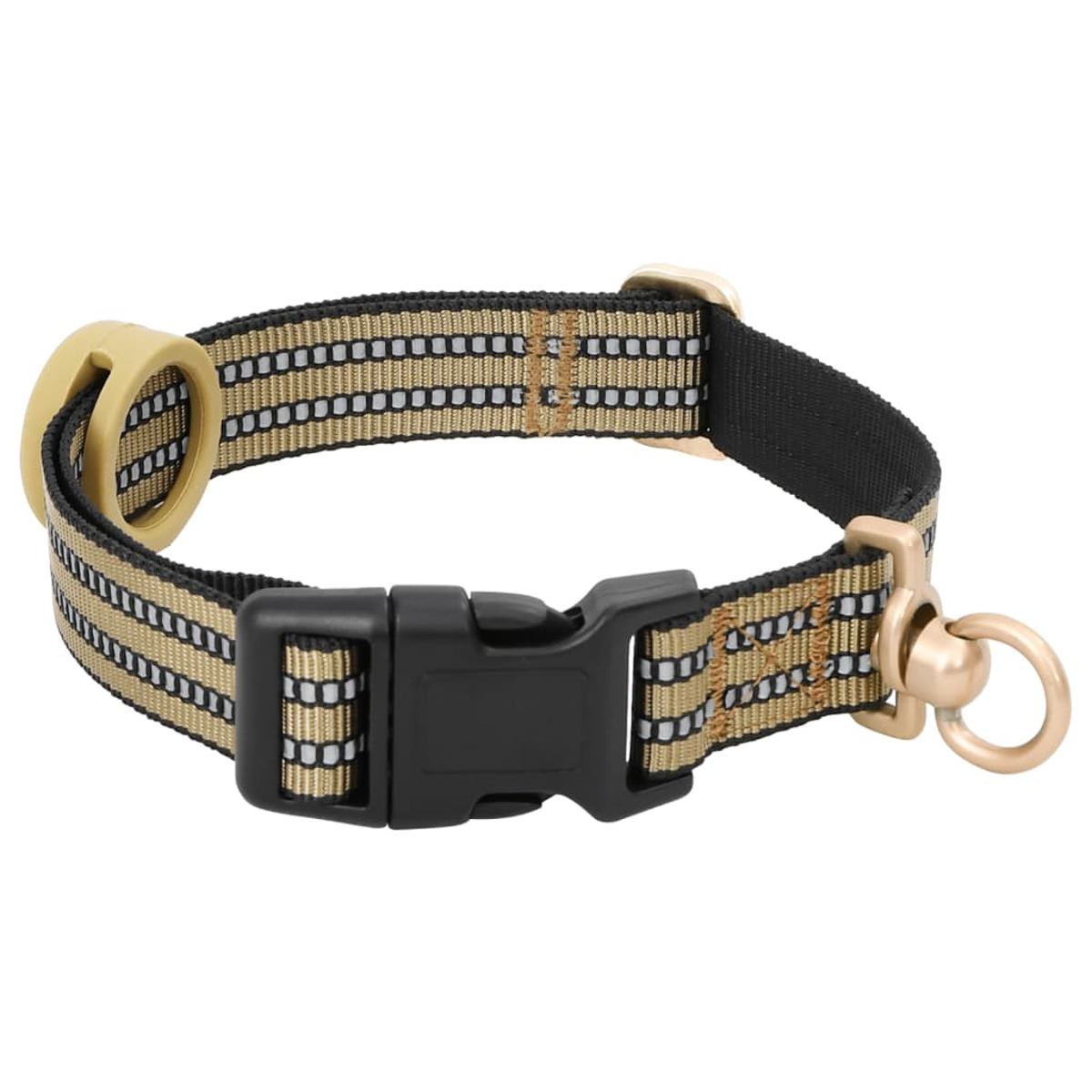Collare per cani con strisce beige, nere e bianche, fibbia nera e hardware in metallo dorato.