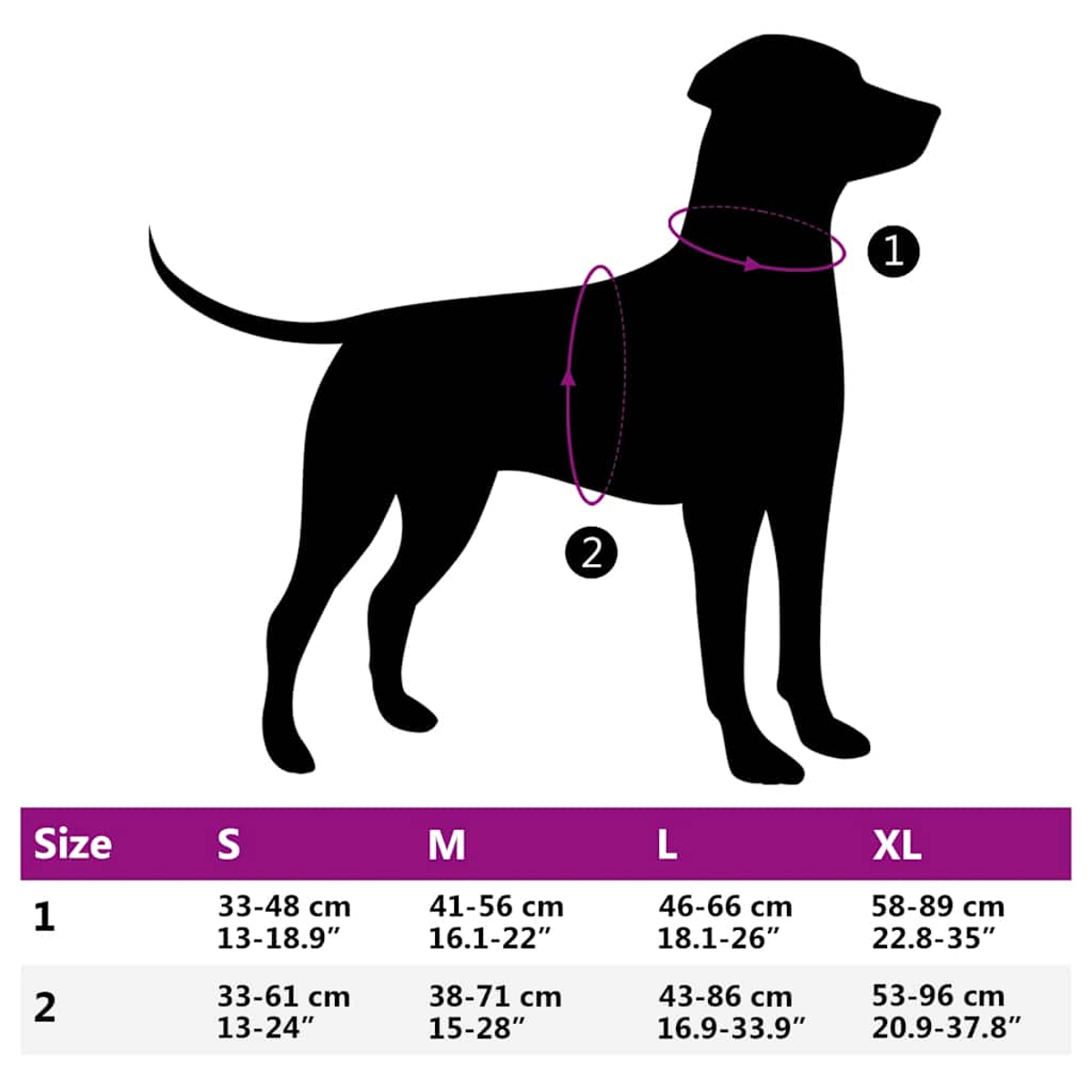 Schwarze Hunde-Silhouette mit Größentabelle. Lila Linien zeigen die Maße. Größentabelle unten: S, M, L, XL mit cm- und Zoll-Angaben.