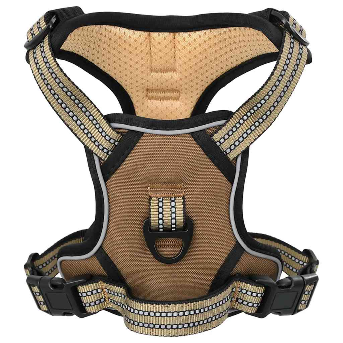 Un'imbracatura marrone per cani con finiture nere e strisce riflettenti. Ha cinghie regolabili e un anello a D.