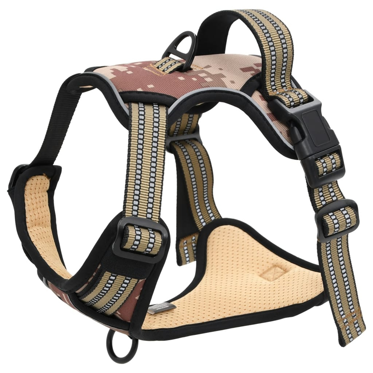 Hunde-Geschirr mit Camouflage-Muster. Beige- und Brauntöne. Schwarze Riemen und Schnallen. Reflektierende Streifen.
