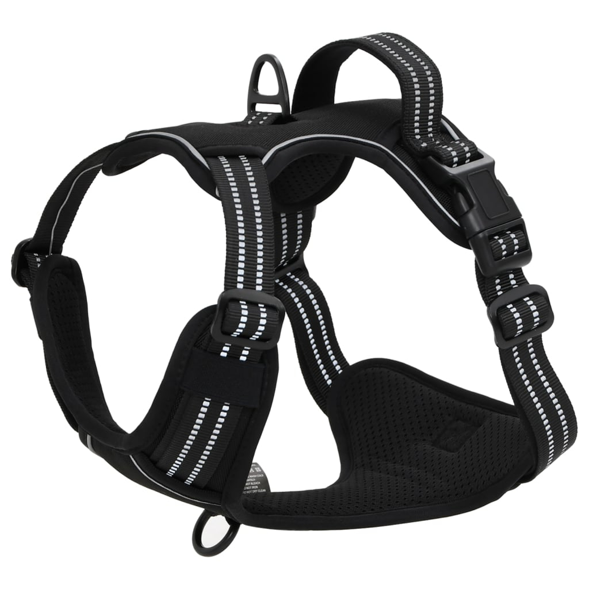 Pettorina nera per cani con strisce bianche riflettenti. Include cinghie regolabili, fibbie e anello a D per guinzaglio.