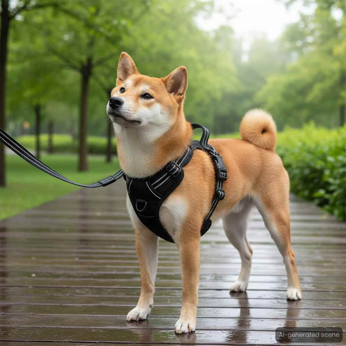 Un cane Shiba Inu è in piedi su un sentiero di legno bagnato, con un'imbracatura nera. Alberi e cespugli verdi formano lo sfondo.