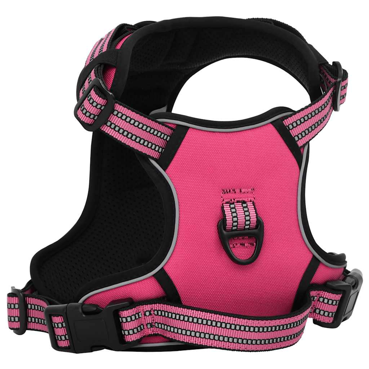 Ein rosa Hundegeschirr mit schwarzem Besatz und reflektierenden Streifen. Es hat verstellbare Gurte und einen D-Ring.