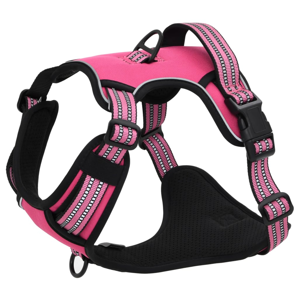 Hundegeschirr in Pink und Schwarz. Mit reflektierenden Streifen, verstellbaren Gurten und einem Griff. Schnallen und Ringe sichtbar.
