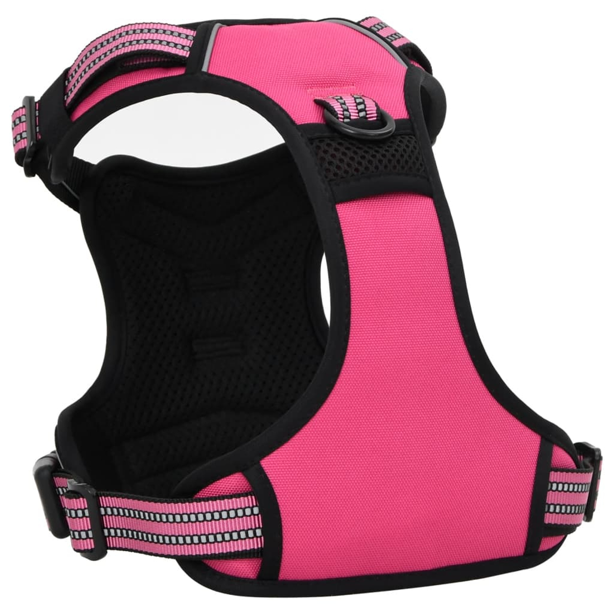 Ein pinkfarbenes Hundegeschirr mit schwarzem Rand und reflektierenden Streifen. Das Geschirr hat verstellbare Riemen und ein Mesh-Rückenteil.