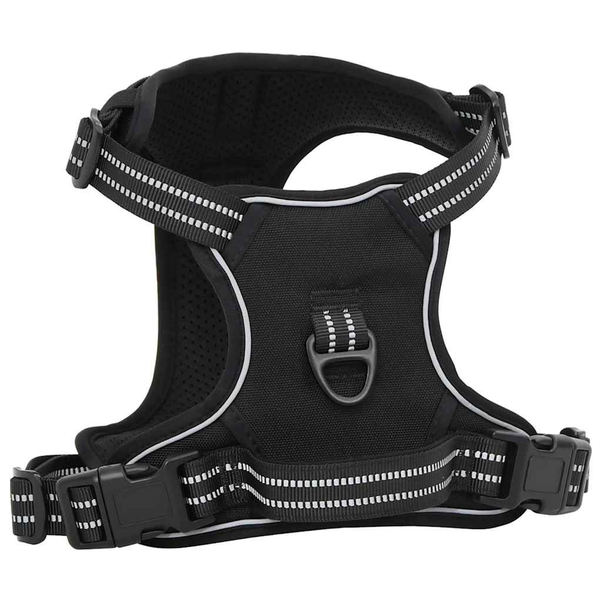 Pettorina nera per cani con strisce bianche riflettenti. Anello a D, cinghie regolabili e fibbie in plastica.