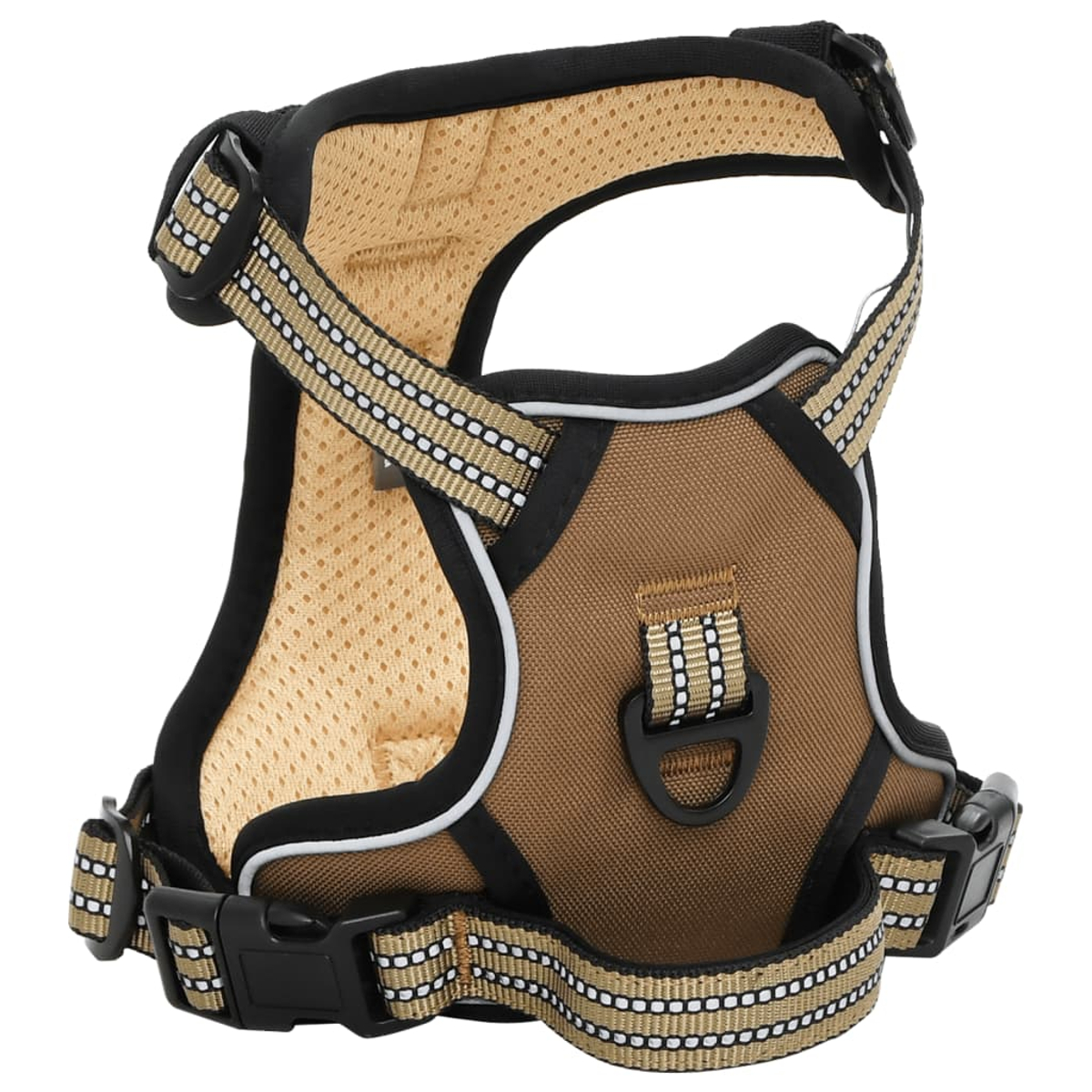 Un'imbracatura per cani beige e marrone con finiture nere e strisce riflettenti. L'imbracatura ha cinghie regolabili e fibbie di plastica.