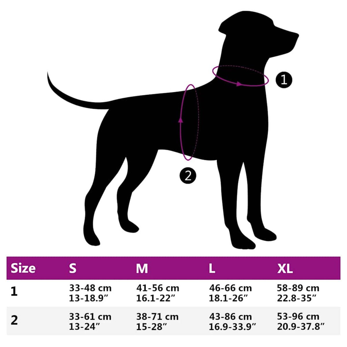 Schwarze Hunde-Silhouette mit Größentabelle. Größen S bis XL mit Hals- und Brustmaßen in cm und Zoll.