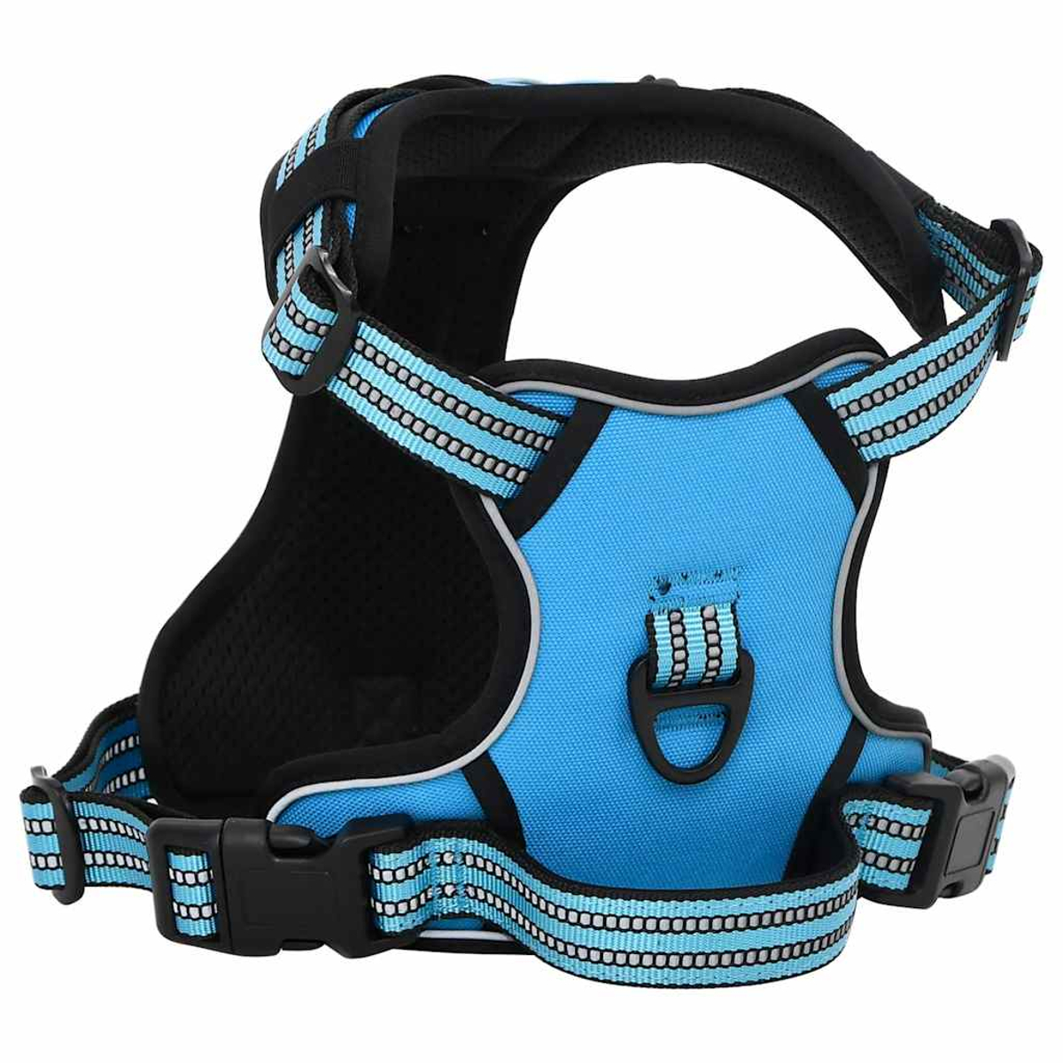 Ein blau-schwarzes Hundegeschirr mit reflektierenden Streifen. Merkmale sind verstellbare Gurte, ein D-Ring und eine sichere Schnalle.